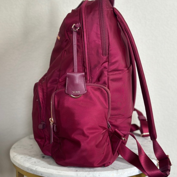Tumi Voyageur Maroon Ladies Laptop Backpack with Gold Accents. Nylon and Leather - Picture 4 of 16